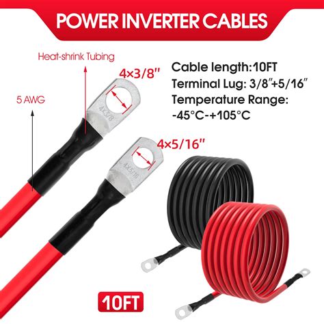 5 Awg Battery Cables 5 Gauge Power Inverter Cables With 38 Inch And 516 Inch Lugs Each End For