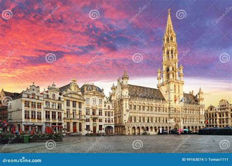 Brussels Grand Place In Beautiful Summer Sunrise Belgium Stock Photo