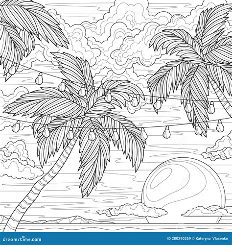 Palm Trees And Sunsetcoloring Book Antistress For Children And Adults