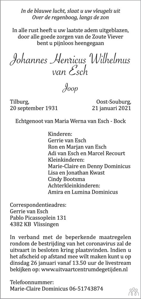 Johannes Henricus Wilhelmus Joop Van Esch 21 01 2021