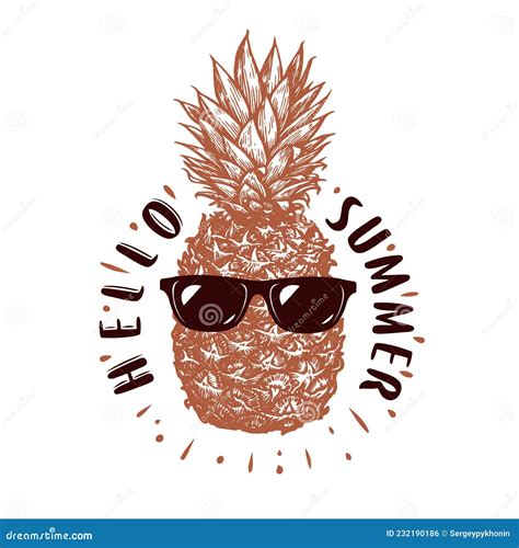 Pineapple With Sunglasses Hello Summer Emblem Travel Concept Vector Illustration Stock Vector