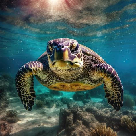 Premium Photo Portrait Of A Happy Sea Turtle Swimming Underwater