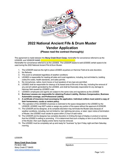 Muster Vendor Application Stony Creek Fife Drum Corps