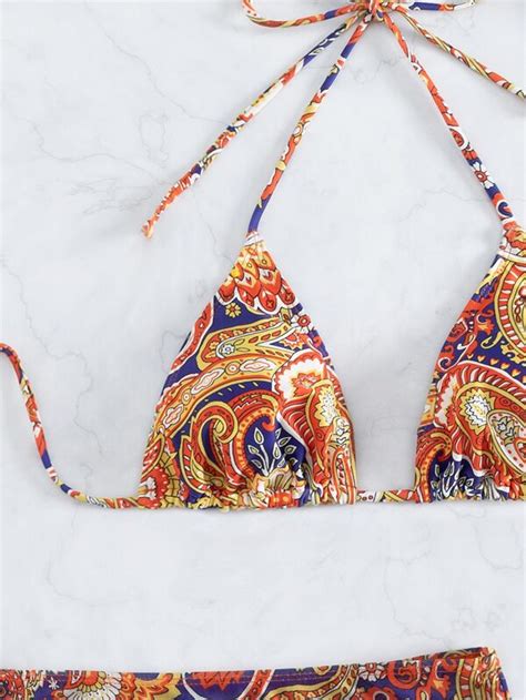 Shein Swim Bohofeel Paisleyprint Bikini Set Halternek Driehoek Beha