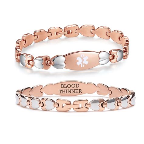 Double Heart Medical alert Bracelet for Women 7 1/2 inches Rose gold ...