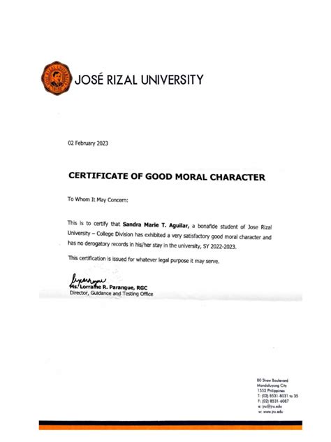 Certificate Of Good Moral Character Sandra Marie Aguilar Pdf