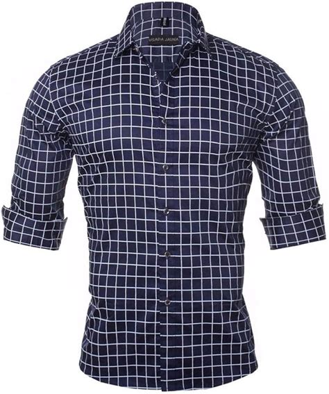 NZBZ Männer Dünnes Hemd Baumwolle Plaid Hemd Langarm Dark Blue M