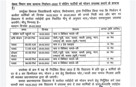 विधान सभा सामान्य निर्वाचन 2022 में पोलिंग पार्टीयों को भोजन उपलब्ध कराने के सम्बन्ध में