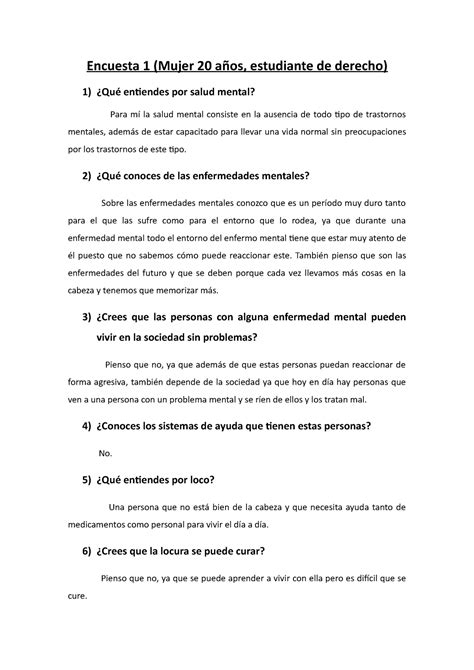 Encuesta Salud Mental Encuesta 1 Mujer 20 años estudiante de