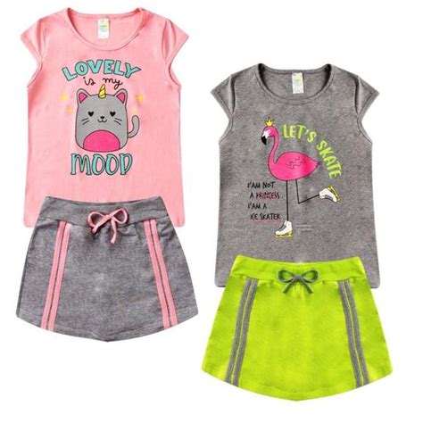 Kit 2 Conjuntos Verão Infantil Juvenil Feminino Blusinha Neon e Shorts