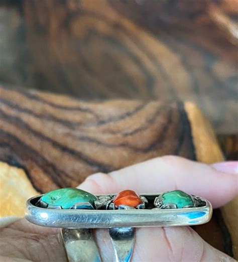 Vintage Turquoise And Red Coral Nugget Ring Set In St Gem