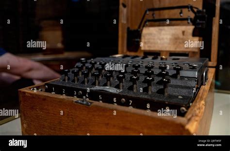 A picture of the important Enigma Cipher Machine, taken inside the Museum of the Second World ...