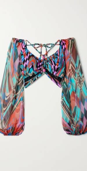 PATBO Psicodelia Cutout Embellished Printed Chiffon Paneled Bikini Top