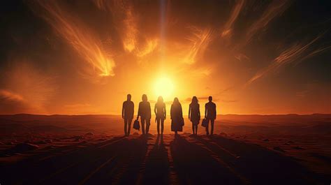 Friends Stand On Sand Dune And Admire Sunrise Silhouette Concept