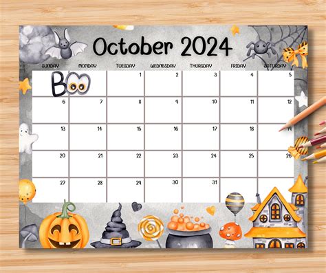 EDITABLE October 2024 Calendar Cute Spooky Halloween 2024 Planner