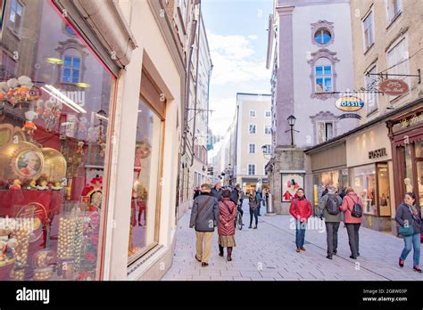 View Of Famous Shopping Street Getreidegasse Which Is Near To Wolfgang