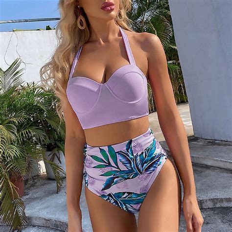 In X Hoge Taille Bikini 2021 Blattprint Badpak Vrouwen Push Up Badmode