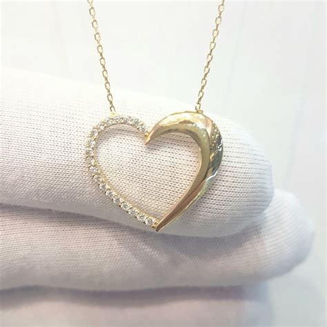 14K Real Solid Gold Heart Pendant Necklace Half Decorated With Zirconia