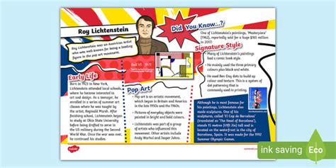 Roy Lichtenstein Fact File Ks2 Famous Artists Twinkl