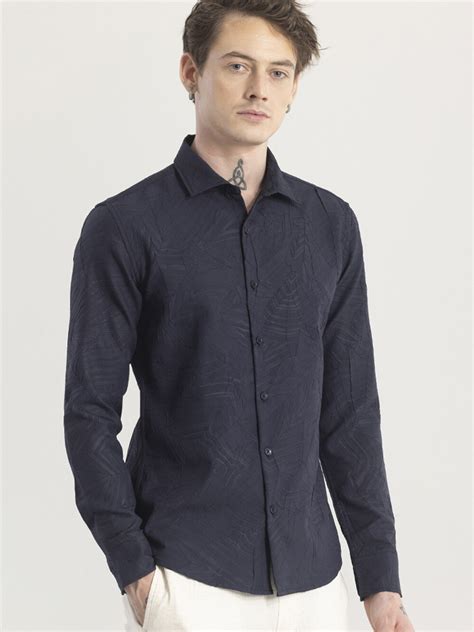 Buy Snitch Navy Blue Self Design Classic Slim Fit Opaque Casual Shirt