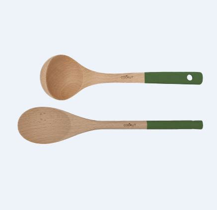 Set cuillère et louche en bois manche vert Art de la table Ustensiles