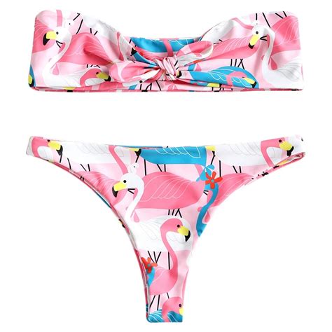 Cute Pink Swan Print Bandeau Bikini Set Women Wire Free Unlined