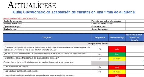 Cuestionario En Excel Para Aceptaci N De Clientes En Una Firma De Auditor A