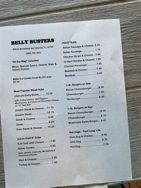 Menu at Belly Busters restaurant, DeLand, 930 N Woodland Blvd