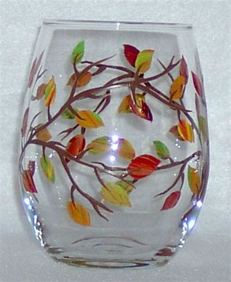 Stemless Wine Glass Fall Leaves Hand Painted Etsy