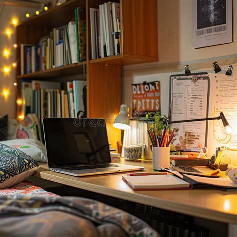 cozy student dorm room  laptop books  desk lamp stock image
