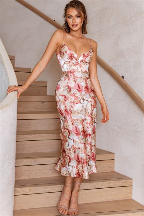 Lake Como Fitted Bodice Cami Strap Midi Dress Abstract Print Rose