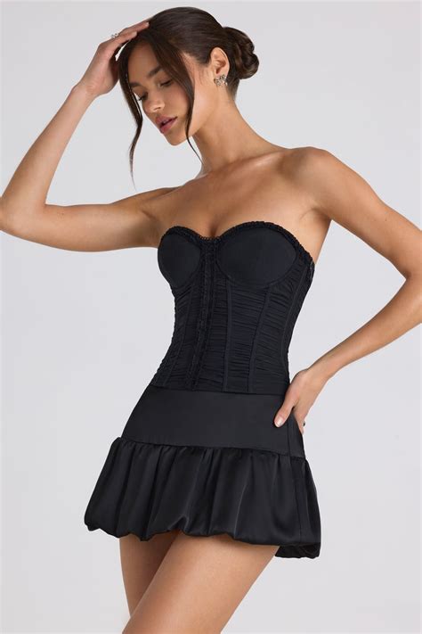 Melvina Ruched Lace Up Strapless Corset Top In Black Oh Polly