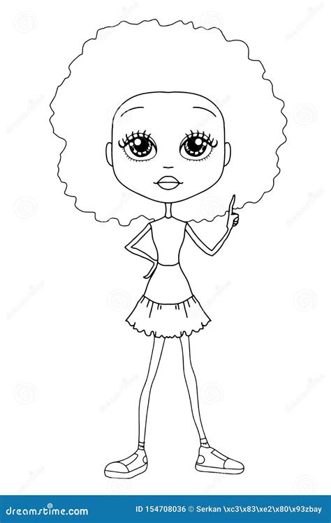 Cute Sweet Cartoon Curly Hair Girl Characters Illustration Drawing White Background Stock