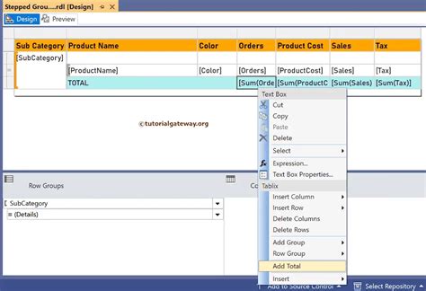 Create SSRS Stepped Grouped Table Report