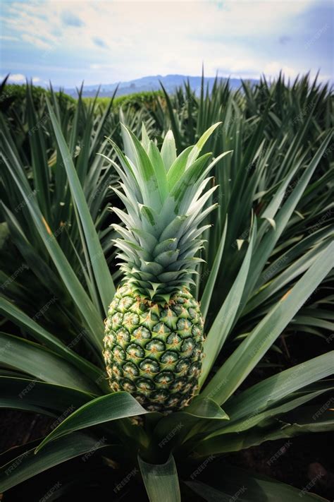 Premium AI Image | A pineapple is growing in a field with a mountain in ...