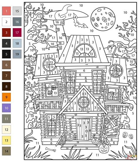 Haunted House Color by Number | Free Printable Coloring Pages