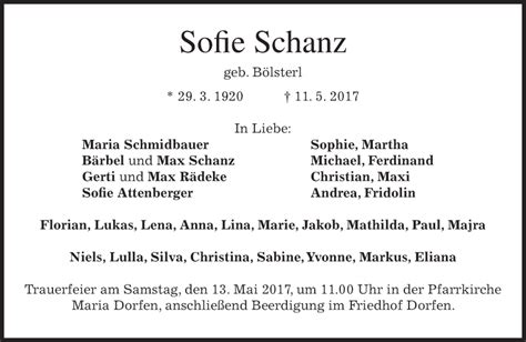 Traueranzeigen Von Sofie Schanz Trauer Merkur De