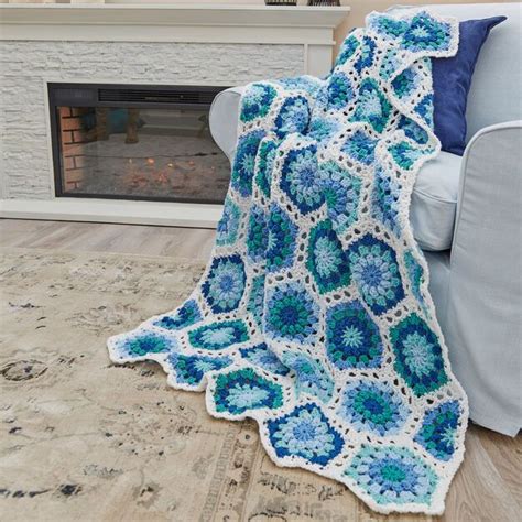 Red Heart Hexagon Blues Throw Crochet Blue Throws Red Heart