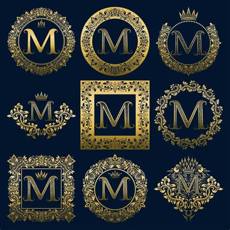 Conjunto De Monogramas Vintage De Letra M Logotipos Heráldicos Dorados