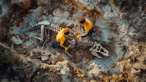 TopDown View Of Paleontologists Cleaning Discovered Dinosaur Skeleton