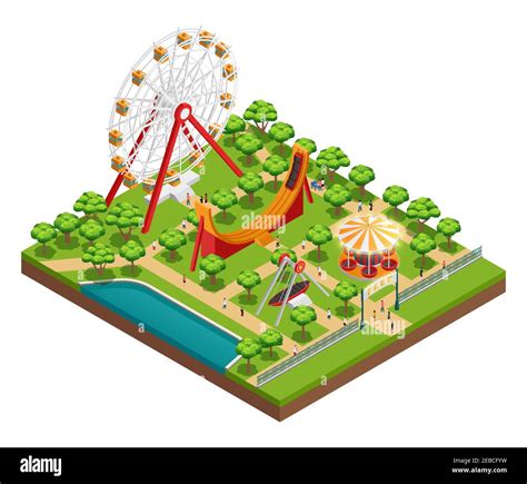 Amusement Park Isometric Composition With Carousel And Ferris Wheel