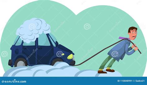 man pull car stock vector illustration  snowdrift