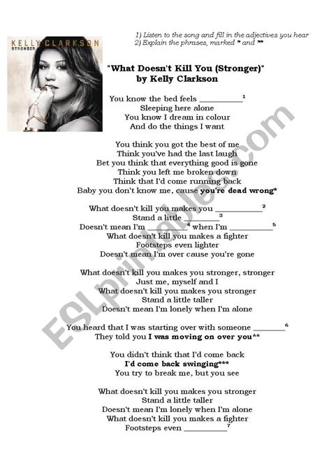 Song What Doesnt Kill You Stronger By Kelly Clarkson Esl Worksheet