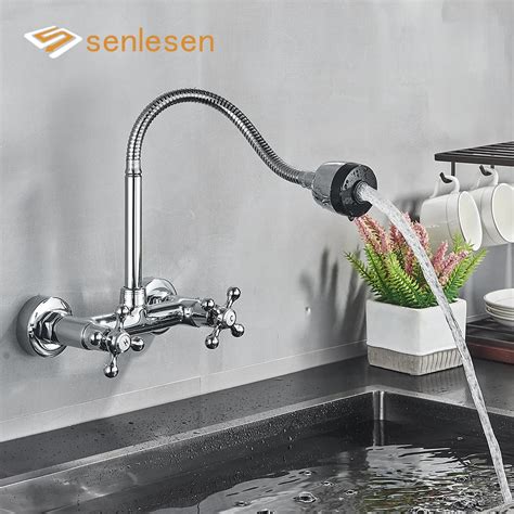 Chrome Wall Mounted Kitchen Faucet Double Handle Dual Hole 360 Rotation