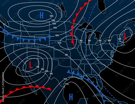 Forecast weather isobar night map of USA. Meteorology diagram with wind ...