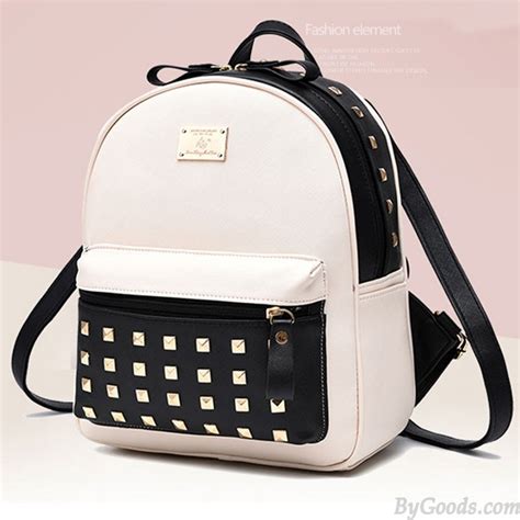 Leisure School Rivets Splicing Color Blocking Square Girls Backpack Pu Travel Backpack