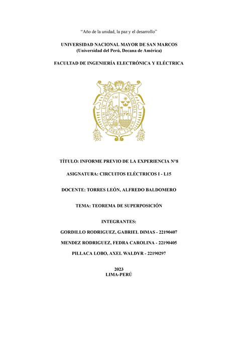 Informe Previo N°8 “año De La Unidad La Paz Y El Desarrollo” Universidad Nacional Mayor De