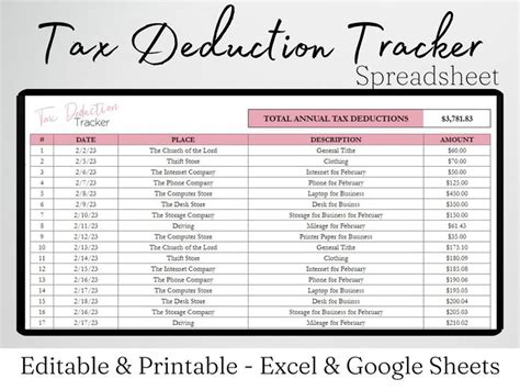 Tax Deduction Tracker Excel Spreadsheet Editable Tax Deductions List