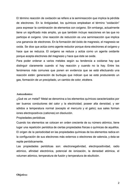 Solution Pr Ctica Oxidaci N De Los Metales Y Propiedades Peri Dicas