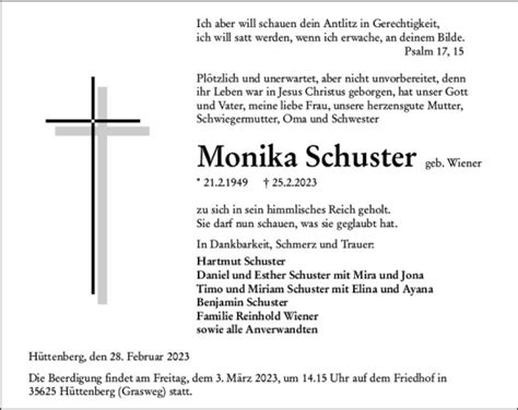 Traueranzeigen Von Monika Schuster Vrm Trauer De